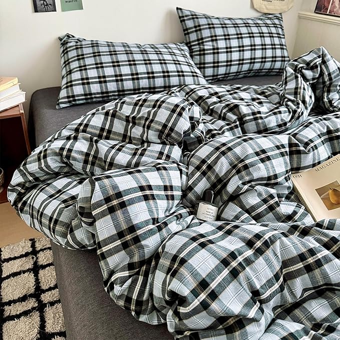 mixinni Vintage Grey & Pale Blue Buffalo Plaid Duvet Cover Set Full Size - 3 Piece Washed Cotton Bedding Set with Grid Pattern, Soft & Breathable Duvet Cover with Pillowcases for Boys, Men& Women