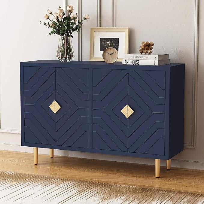 HLR 48" Accent Cabinet with 4 Doors and Shelves, Modern Sideboard Buffet Cabinet with Decorative Embossed Pattern Doors, Credenza Storage Cabinet for Living Room, Kitchen, Dining Room, Hallway