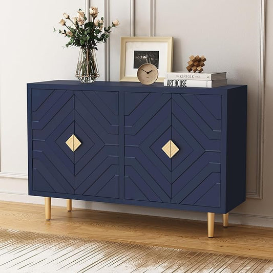 HLR 48" Accent Cabinet with 4 Doors and Shelves, Modern Sideboard Buffet Cabinet with Decorative Embossed Pattern Doors, Credenza Storage Cabinet for Living Room, Kitchen, Dining Room, Hallway