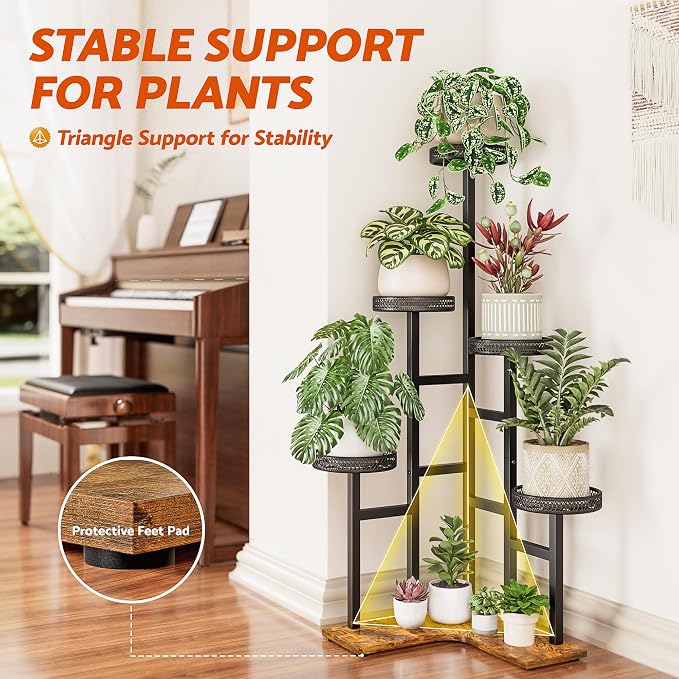 5 Tiered Corner Plant Stands Tall Indoor, Tiered Plant Stand Outdoor,Wood Plant Shelf for Multiple Plants, Wrought Iron Flower Pot Stand, Tall Plant Rack Shelf for House Patio - BlackWave