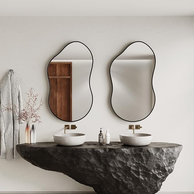 Irregular Wall Mirror - 24''×36'' Asymmetrical Decorative Tempered Glass Aluminum Alloy Framed Mirrors Cloud Mirror Wavy Mirrors for Bathroom, Bedroom, Living Room, Entryway（Black）