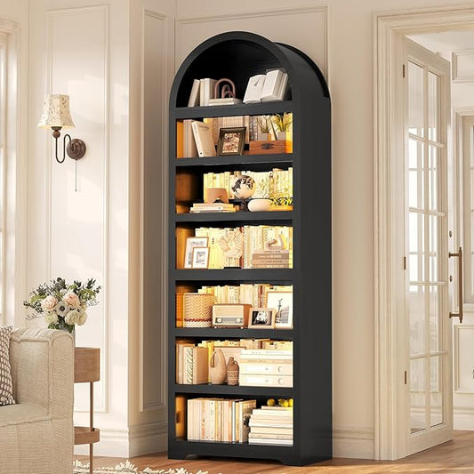 79.4"Tall Arched Cabinet,Bookcase with storage,Mid-Century Modern 7-Tier Bookshelf with RGB Light,2 Book Risers,Adjustable Shelf offering more space for Living Room,Kitchen,Home Office (Black)