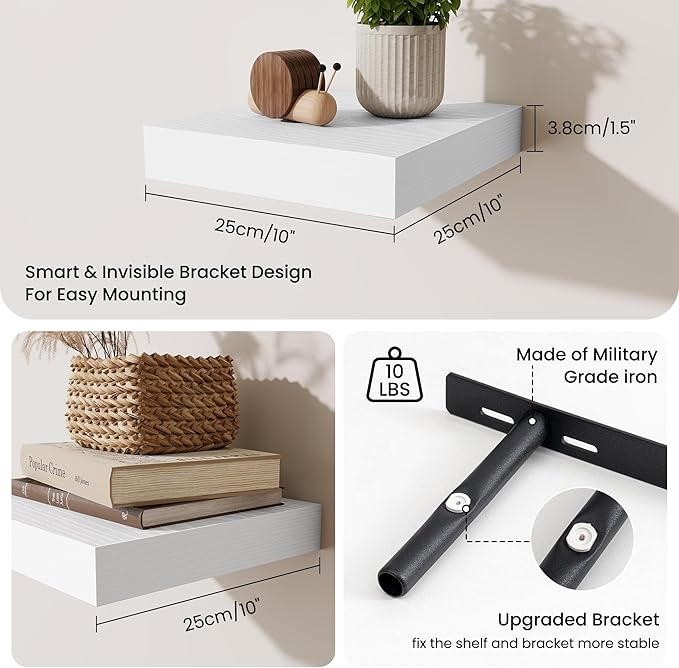 Fun Memories Floating Shelves for Wall 10 Inch, 10 Inch Deep Square Wall Shelves, Bathroom Storage Shelves Over Toilet, Wood Floating Shelves for Living Room Bedroom, White, Set of 2