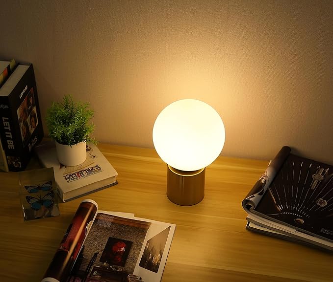 11 Inch Modern Mid Century Gold Globe Table Lamp,Round Bedside Nightstand Lamp with White Glass Shade Metal Base Desk Lamp for Bedroom Living Room End Table