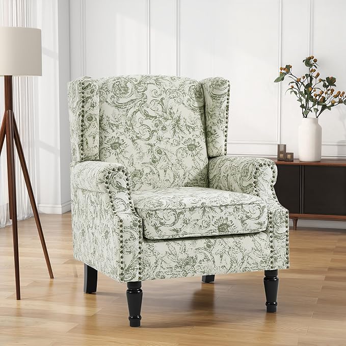 High Back Floral Accent Chairs Set of 2, Fabric Upholstered Armchair Wingback Arm Chair for Living Room, Nailhead Trim Single Sofa Bedroom Side Reading Seat with Solid Wood Legs - Rococo Green