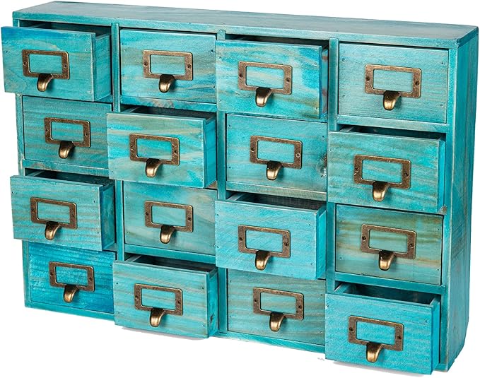 Teal 16-Slot Wooden Drawer Unit - Country Style Desk Organizer Box - 20"x3.6”x14” Wooden Storage Box w/ 16 Drawers - Countertop Drawers w/Label Holder & Handle - Slim 4-Level Desk Organizer