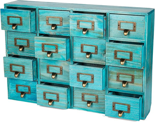 Teal 16-Slot Wooden Drawer Unit - Country Style Desk Organizer Box - 20"x3.6”x14” Wooden Storage Box w/ 16 Drawers - Countertop Drawers w/Label Holder & Handle - Slim 4-Level Desk Organizer