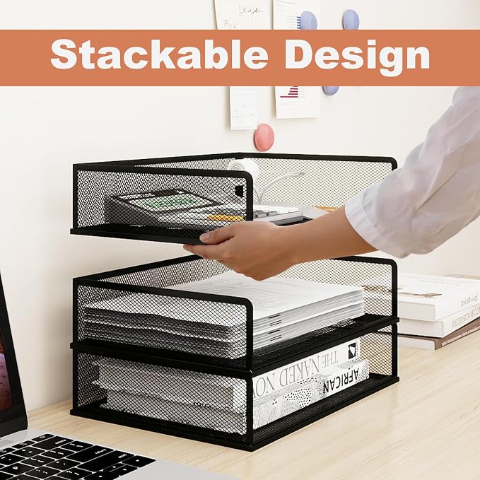 Natwind 3 Tier Letter Trays, File Trays for Desk Stackable,Desktop Paper Organizers for Office Supplies, Metal Mesh File Organizer，Office Organizer，Letter Trays for Home, Office, School，Black
