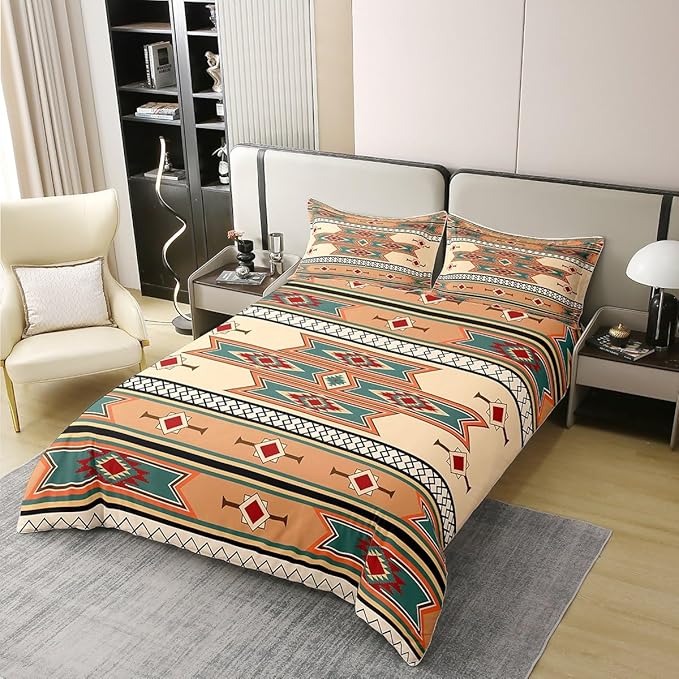 100% Cotton Exotic Duvet Cover Full Tribal Bedding Set American Southwest National Ethnic Boho Abstract Geometric Comforter Cover Brown Teal Aztec Bedroom Decor Quilt Cover For Adults Men Women