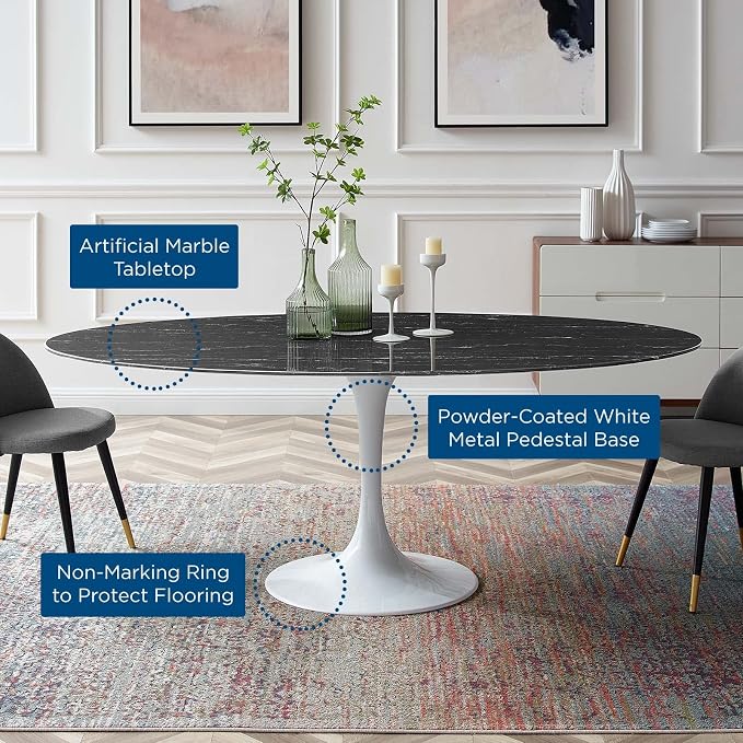 Modway Lippa Oval 78" Artificial Marble Mid-Century Modern Dining Table in White Black