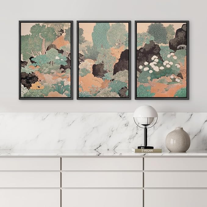 wall26 Framed Print Wall Art Set Vintage Japanese Garden Landscape Decorative Minimal Relax/Zen for Living Room, Bedroom, Office - 16"x24"x3 Black