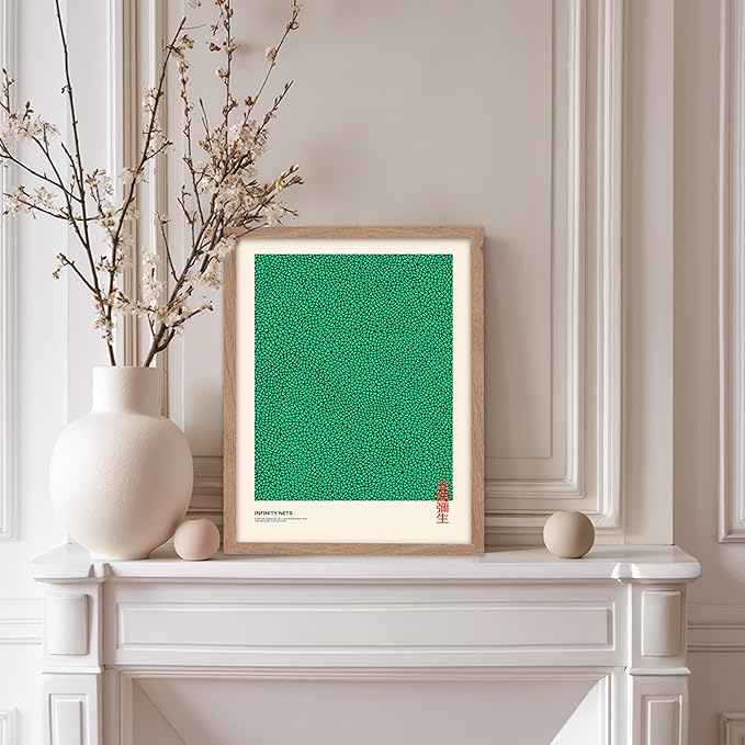 Poster Master Vintage Poster - Retro Pop Art Print - Gift for Artist, Friend - Infinity Nets, Japanese, Green, Modern, Abstract - Wall Decor for Home, Office, 11x14 Beige Framed