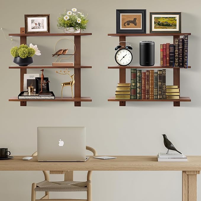 3 Tier Floating Shelves,Long Wall Shelf,Over The Toilet Shelves Bathroom Hanging Display Storage Rustic for Living Room Bedroom Kitchen Office Coffee Bar Decor Decorative,24 Inch,2 Pack (Walnut)