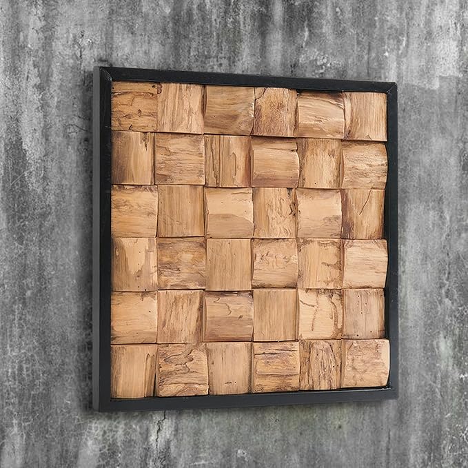 Warmaxx Rustic Teak Wood Wall Art Decor 17''x17 Farmhouse Framed Wall Décor for Home Living Room Bedroom Office Handcrafted Carved Natural Wooden Bricks Square Cube Pattern Christmas Wall Décoration