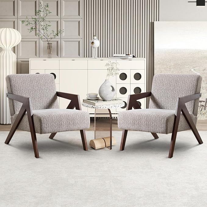 INZOY Accent Chairs Set of 2, Mid Century Modern Accent Chair with Wood Frame, Upholstered Reading Armchair with Soft Linen Fabric, Accent Chair for Living Room Bedroom, Easy Assembly, Light Brown