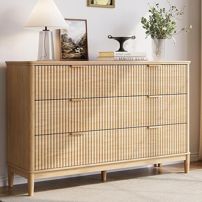 LINSY Fluted 6 Drawer Dresser for Bedroom, 54" Wide Mid-Century Modern Tall Chest of Drawers, Deep Storage Dresser with Curved Corner Design, Large Accent Wood Cabinet for Bedroom, Oak