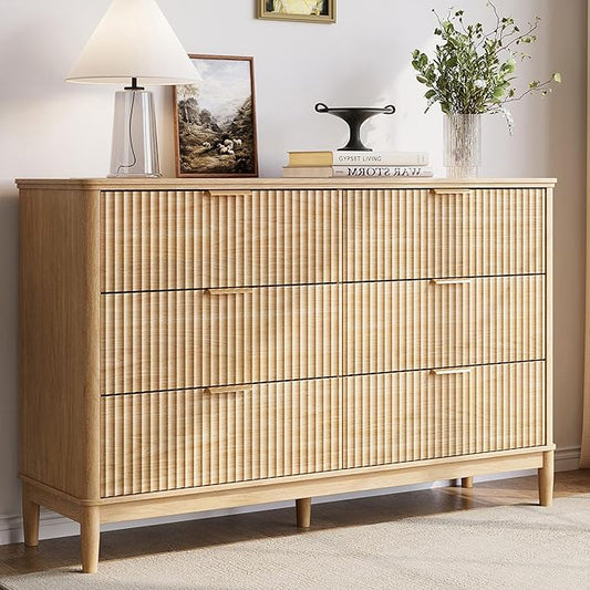LINSY Fluted 6 Drawer Dresser for Bedroom, 54" Wide Mid-Century Modern Tall Chest of Drawers, Deep Storage Dresser with Curved Corner Design, Large Accent Wood Cabinet for Bedroom, Oak