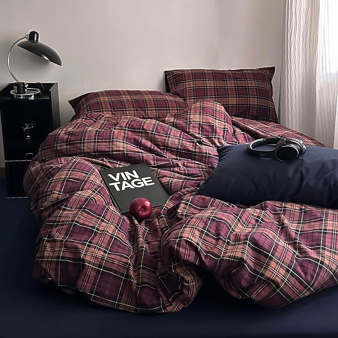 mixinni Vintage Burgundy Buffalo Plaid Comforter Cover Set Twin Size - 3 Piece Mid-Century Modern Washed Cotton Bedding, Soft Breathable Grid Duvet Cover with Matching Pillowcases for All-Season