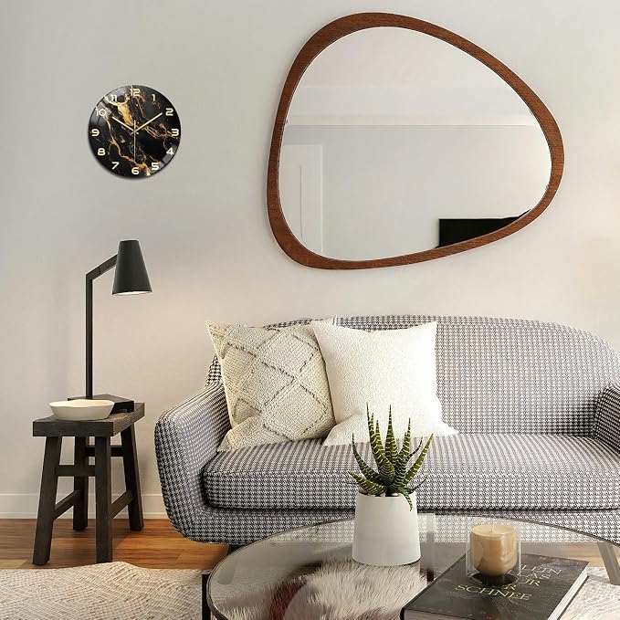 peacoblue Wall Clocks Battery Operated 12 Inch Marble Pattern Glass Round Wall Clock Non Ticking for Kitchen Living Room Dining Room Bedroom and Bathroom Decor Accessories (Battery not Included)