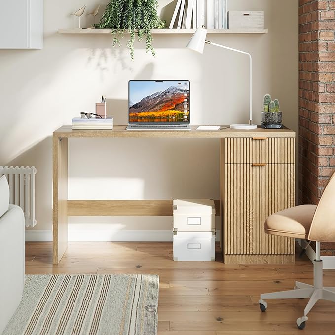 Garvee 60" Fluted Executive Desk with Drawer, Wood Fluted Computer Desks with Storage Cabinet, Home Office Desk Workstation, Farmhouse Desks for Living Room, Bedroom, Natural Oak