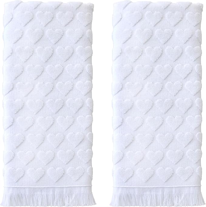 SKL Home Valentine's Day Heart Jacquard 100% Cotton 2pc Hand Towel Set, Decorative for Bath/Kitchen/Bar & Gift, White