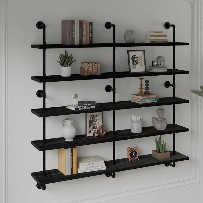 HDDFER Floating Shelves for Wall Bookshelf Industrial Pipe Shelving Shelves 60 Inch 5 Tier Natural Wood Planks Rustic Wall Shelves Hanging Bookshelves Farmhouse Kitchen Shelving