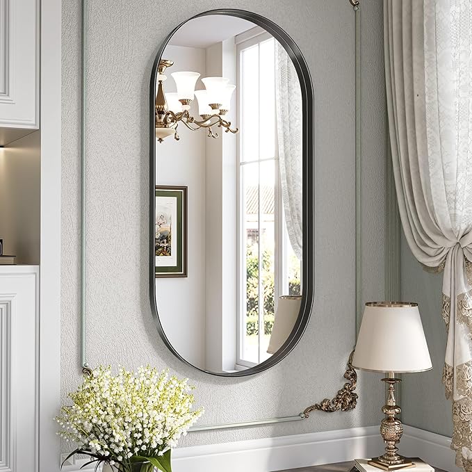 Brightify Black Oval Mirror for Wall 24x48 Inch, Metal Framed Bathroom Vanity Mirrors, Full Length Wall Mirror for Entryway Living Room Wall Decorative Hang Vertical and Horizontal
