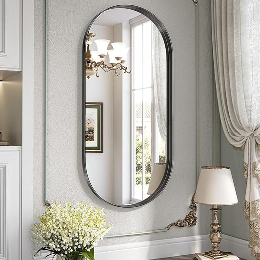 Brightify Black Oval Mirror for Wall 24x48 Inch, Metal Framed Bathroom Vanity Mirrors, Full Length Wall Mirror for Entryway Living Room Wall Decorative Hang Vertical and Horizontal