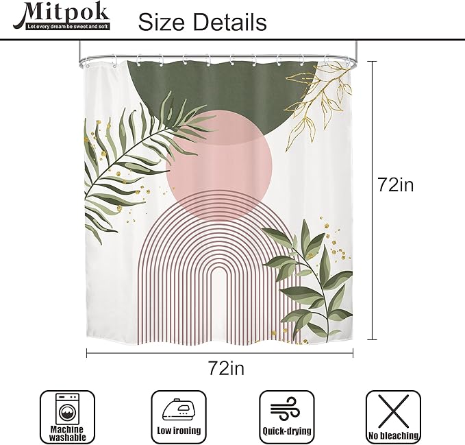 4 PCS Pink Sage Green Boho 72Wx72H Shower Curtain Set Modern Mid Century Plant Bath Rug Toilet Lid Cover Nonslip U Shape Mat Quick Dry Bathroom Decor with 12 Hooks