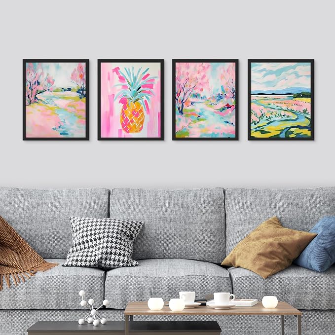 SIGNWIN Framed Vibrant Landscape and Pineapple Colorful Preppy Room Decor Pink Decor Digital Art Modern Art Decorative Multicolor Scenic for Bedroom - 11"x14"x4 Black