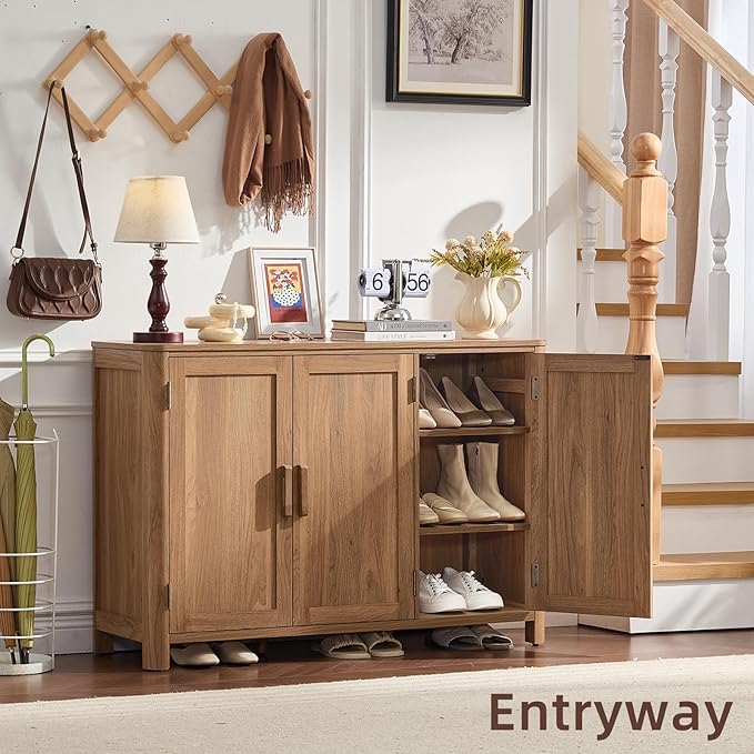 Sideboard Buffet Cabinet with Storage, 46" Arc-Shaped Credenza with 3 Doors & Adjustable Shelves, Mid Century Modern Coffee Bar Cabinet for Kitchen, Living Room, Entryway, Darkwood