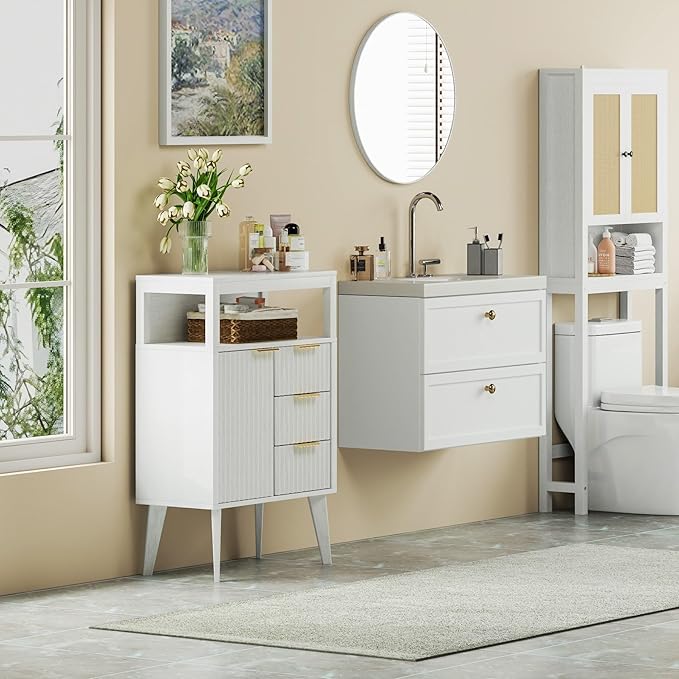White Bathroom Floor Cabinet with 3 Fluted Drawers & Door, Modern Storage Sideboard with Open Shelf, Coffee Bar Station for Living Room, Entryway, 23.6 x 11.8 x 34.6 Inches
