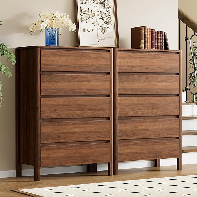 45" Tall Mid-Century Modern Dresser for Bedroom, 5 Drawer Chest of Drawers with Solid Wood Legs, Large Storage Tall Dresser, Walnut