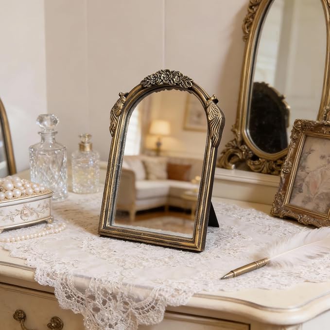 Vintage Vanity Desk Mirror -10x7Inch Wall-Mounted & Tabletop Decorative Ornate Gold Accent Retro Makeup Mirror for Bedroom Dresser Living Room Bathroom Dorm Champagne Gold