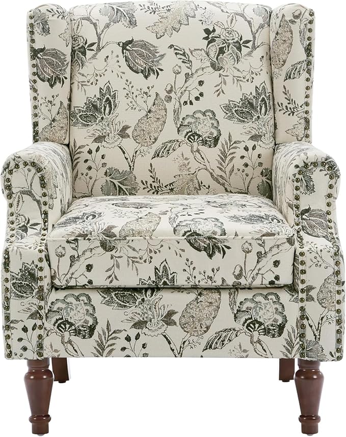 High Back Floral Accent Chairs Set of 2, Fabric Upholstered Armchair for Living Room, Retro Printed Wingback Arm Chair Nailhead Trim Single Sofa Bedroom Reading Seat - Beige Plants