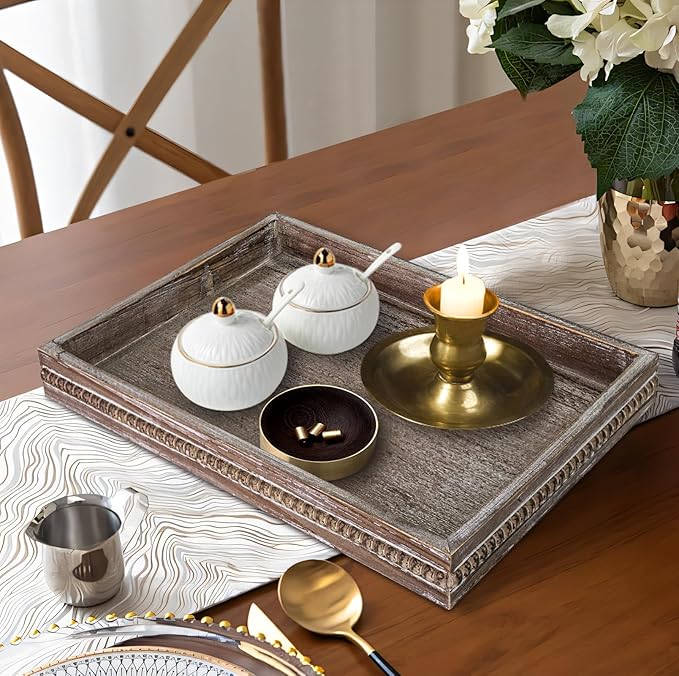 MAONAME Wood Serving Tray, Farmhouse Wooden Tray for Coffee Table, Rustic Rectangle Trays with Beads, Vintage Brown Decorative Trays for Living Room, Kitchen, 15.7" X 11.8" X 1.57"