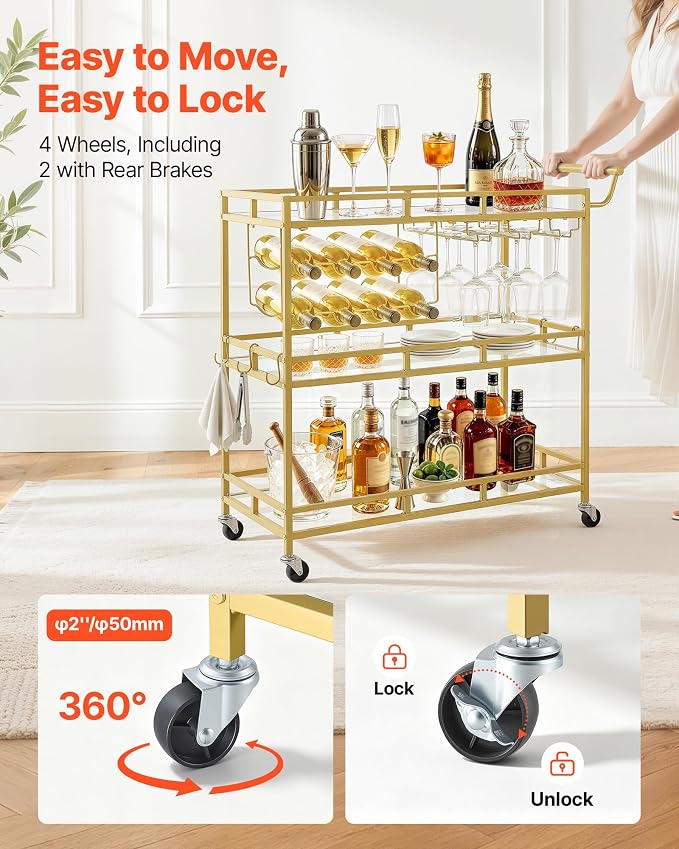 VEVOR Bar Cart, 3 Tiers Home Kitchen Serving Carts, Modern Rolling Utility Station on Wheels, Drink Beverage Trolley with Tempered Glass Shelves, Wine Rack, Glass Holder, for Living Dining Room, Gold