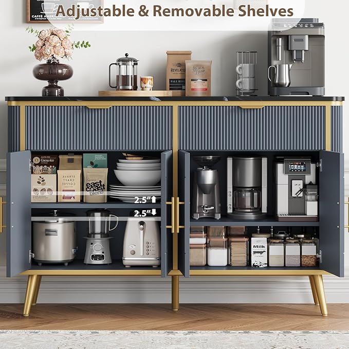 47.2" Buffet Storage Cabinet, Modern Fluted Coffee Bar Station with 2 Drawers & Adjustable Shelves, Kitchen Sideboard Buffet for Dining Room, Living Room, Hallway, Navy Blue
