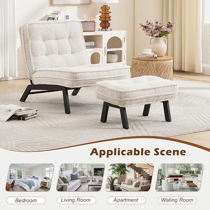 ANJ Accent Chair with Ottoman Adjustable Backrest, Beige Living Room Chair Tufted Upholstered Lounge Chair with Footrest Set, Modern Chair Cozy Reclining Chair for Reading Room Bedroom