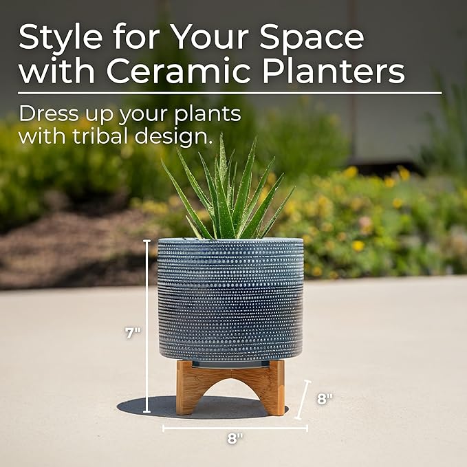 Dotted Decorative Planter Pot with Wood Stand – Ceramic Stoneware Outdoor & Indoor Plant Pot with Drainage Holes – Modern Garden & Home Decor Planters – 10", Blue