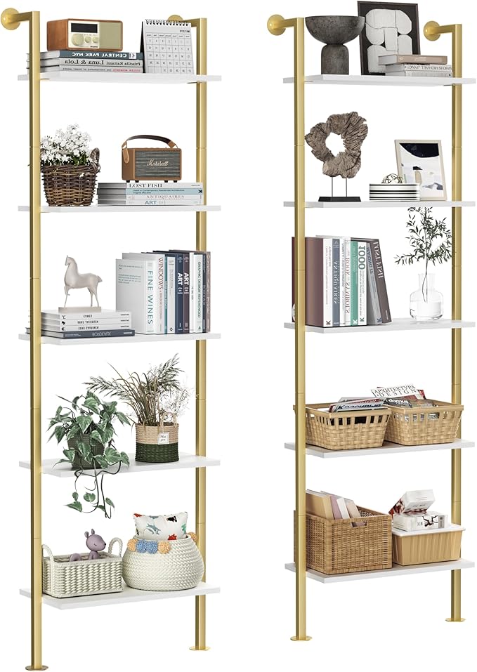 Acovy 5-Tier Bookshelf - Solid Wood Narrow Bookcase Set of 2, Wall Mount Ladder Shelf, Storage Rack for Living Room, Bedroom, Bathroom, White and Gold