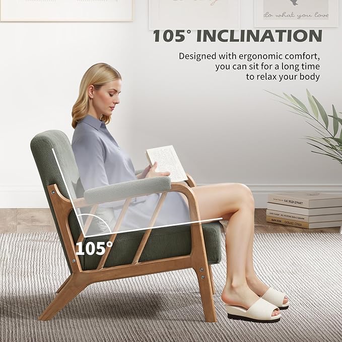 INZOY Accent Chairs Set of 2, Mid Century Modern Accent Chair with Wood Frame, Upholstered Reading Armchair with Corduroy Fabric, Accent Chair for Living Room Bedroom Apartment, Easy Assembly, Green