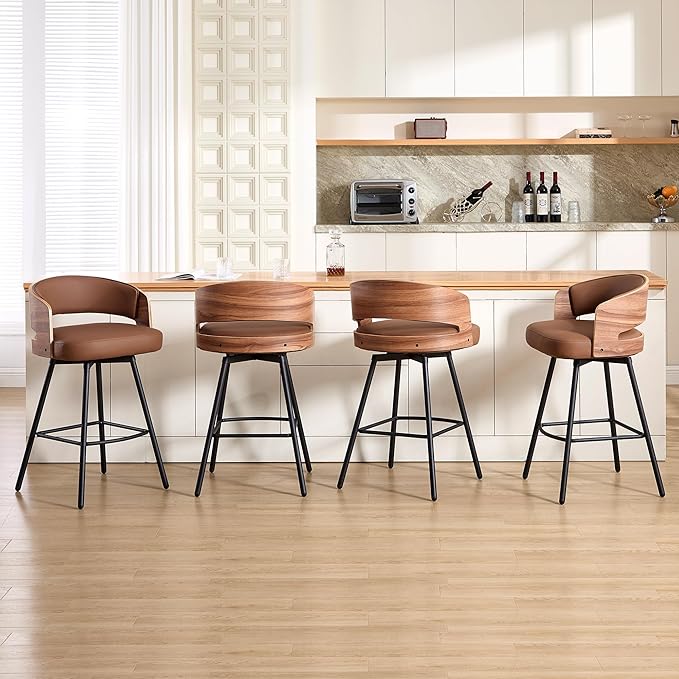 Swivel Bar Stools Set of 4, 26" Counter Height Bentwood Barstool, Upholstered Faux Leather Barstools with Walnut Back, Mid Century Modern Bar Chairs for Kitchen Island, Bar