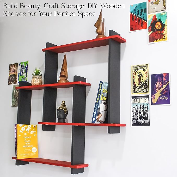 Modern Wall Mounted Zigzag Shelf Rack – Decorative Wooden Floating Display Unit for Living Room, Bedroom & Office Decor (RED)