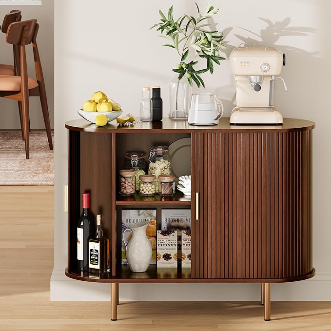 DHH Sideboard Buffet Cabinet with Storage,Mid Century Modern Fluted Accent Coffee Bar Console Table,Tambour Sliding Doors& Adjustable Shelf for Kitchen, Living Room, Entryway(Walnut, 40Inch)