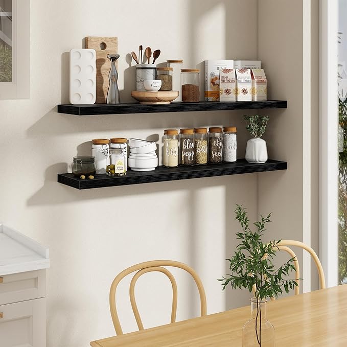 Fun Memories 55 Inch Floating Shelves in Black, 9.3 Inch Deep Floating Shelf for Bathroom Living Room Kitchen, Rusitc Wall Mounted Bathroom Shelves 1 Pack, Heavy-Duty Deep Shelf for Books Decor