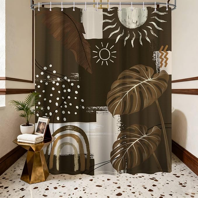 Dark Brown Mid Century Modern Shower Curtain Boho Abstract Khaki Earth Tone Shower Curtains for Bathroom Decor Sets, Waterproof Cloth Fabric with Hooks, 70 x 96 Inch