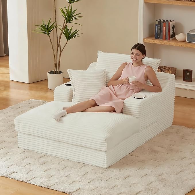 67" Oversized Chaise Lounge Chair Indoor, Corduroy Boneless Chaise Lounge with Cup Holders, 2 Side Pockets & 3 Soft Pillows, Deep Seat Sleeper Couch Reading Chair for Living Room Bedroom- Beige | Breathable material