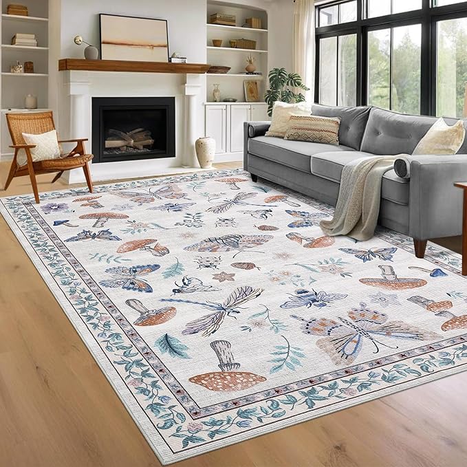 Washable 8x10 Rug for Living Room Vintage Mushroom Floral Accent Carpet Non Shedding Nursery Kids Room Rug Non Slip Soft Bedroom Large Area Rug Low Pile Boho Carpet for Dining Room Apartment, Beige