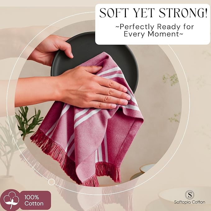 Prewashed Stripe Dish Towels 4 Pack, 16x26 Inches, Absorbent Hand Towels for Kitchen Use, Quick Dry Cloths for Cleaning, Durable Washable Rags, Reusable Dishcloth Set - Burgundy Wine